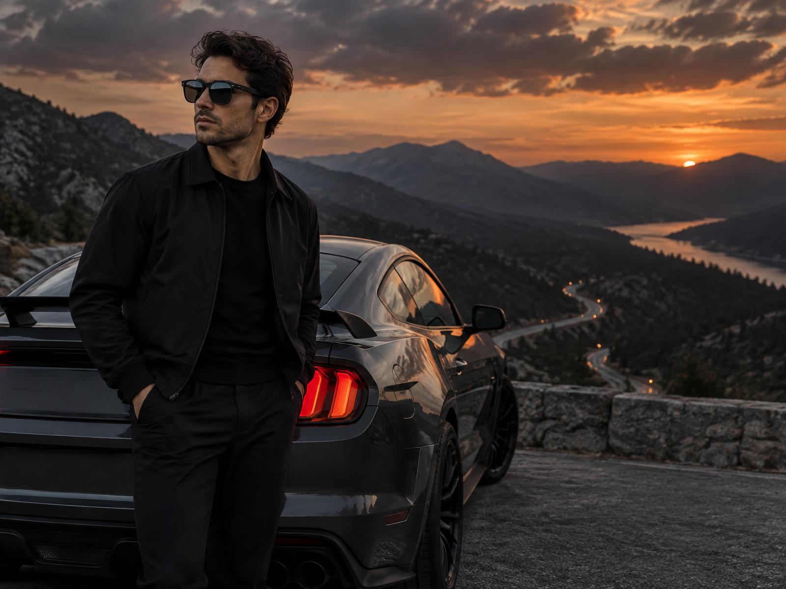 Driver in Apex-style sunglasses beside a sports car at sunset
