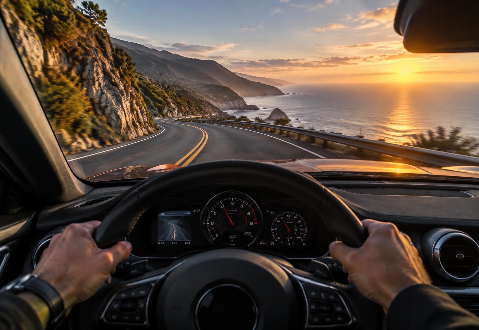 First-person view driving a winding coastal road at sunset